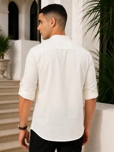 Image of Majestic Man Men's Pure Cotton Solid Mandarin Collar Slim Fit Roll-Up Sleeves Short Kurta Lightweight Summer Kurta for Daily & Occasion Use
