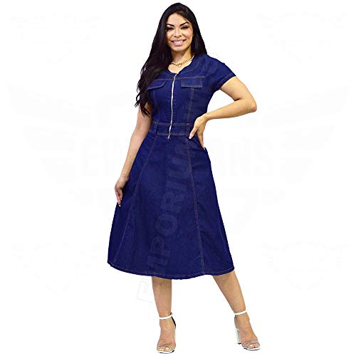 Vestido Midi Evasê Jeans Manga Curta Estilo Princesa Moda Evangélica - EWF Jeans - Azul Escuro (G)