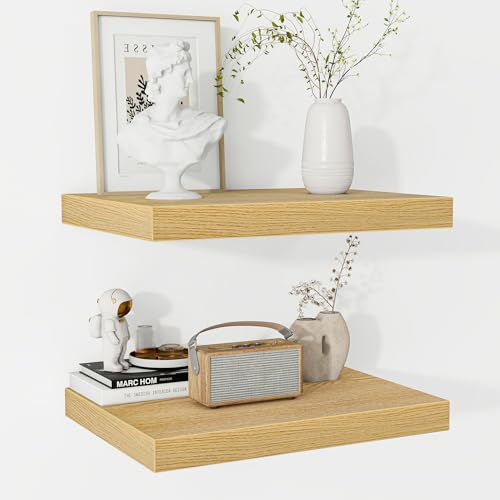 Fun Memories Floating Shelves - 2 Pack 12 Inch Rustic Wooden Wall Shelves - Extra Deeper & Thicker Wall Mounted Storage Shelf for Living Room, Kitchen, Farmhouse - 16" W x 12" D x 1.5" H - Oak