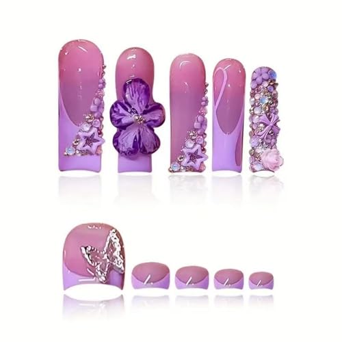 Image of Flower Press on Nails Purple Press on Toenails Long Square Fake Nails French Tip Glue on Toenails with Rhinestone Design Glossy Full Cover Butterfly Stick on Toes for Women Manicure 48Pcs
