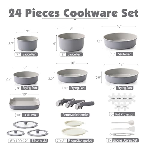 Image of SENSARTE 24 Piece Ceramic Pots and Pans Set, Nonstick Detachable Handle Cookware, Induction Kitchen Cookware Set with Removable Handle, Healthy Non Stick for RV, Dishwasher&Oven Safe, PFOA Free (Gray)