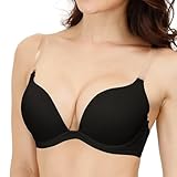 34DD Convertible Bras with Clear Straps Deep U Plunge Neckline Lift Push Up Low Back Black
