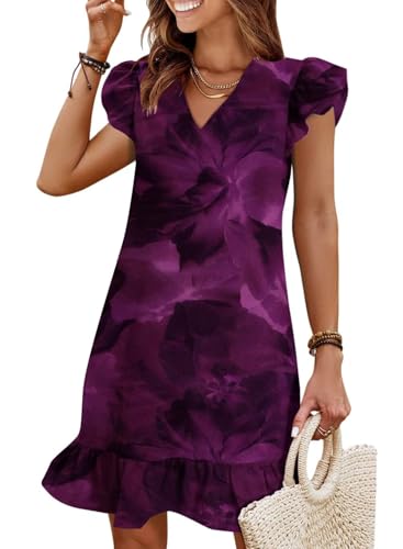 Image of QACOHU Spring Summer Dresses for Women 2026 V Neck Cap Sleeve Ruffle Hem Smock Short Casual Beach Dress