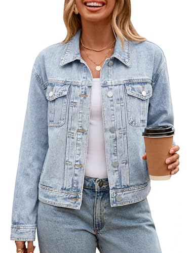 Image of Glamaker Womens Jean Jacket 2026 Casual Basic Trendy Button Down Long Sleeve denim Jacket Coat With Pockets