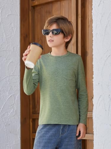 Image of Boys Long Sleeve Shirt Crewneck Solid Color Casual Top with Chest Pocket for Kids 5-14 Years