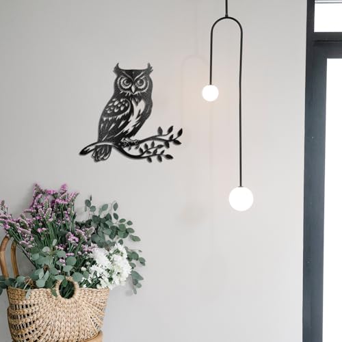 WADORN Owl Metal Wall Art Decor, Bird on Branch Silhouette Sculpture Wall Decor Leaves with Birds Metal Ornament Hanging Sign for Home Balcony Garden Courtyard Bedroom Office Outdoor, 11.8x11.5 Inch