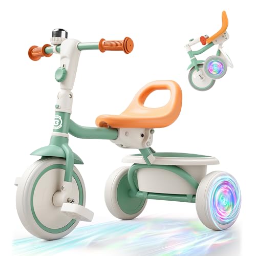 besrey Triciclo infantil con ruedas intermitentes para niños de 18 meses a 5 años, triciclo para niños pequeños con timbre, triciclo infantil, regalo y juguete para niños y niñas, verde
