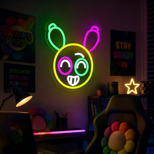 Image of Dandy Balloon Animal Neon Sign Balloon Cartoon Neon Sign for Wall Decor, Retro Toon Horror Game Fan Gifts, Funny Bunny Mascot Night Light for Kids Teens Gaming Room Setup