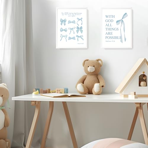 Image of LARTSFRO Coquette Blue Bow Wall Art Decor Posters, Baby Blue Bow Room Bedroom Bathroom Dorm Wall Art Decor Aesthetic for College Teen Girls Gifts, Inspirational Bible Verses Bow Wall Decor, 12x16 Inch Set of 4 Pcs Bow Pictures (UNFRAMED)
