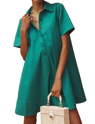 Image of Women's Short Sleeve Swing Tunic Mini Dress Button Up Blouse Shirt Summer Loose Casual Flowy A Line Short Dresses Green, Small