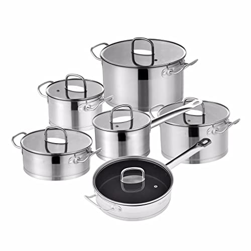 Cooking Pot, Cookware Set 12 Piece Stainless Steel Kitchen Cooking Pot&Pan Sets Induction Saucepan Casserole with Tempered Glass Lid