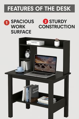 Image of Callas ST-40 Wooden Study Table with Hutch & Bottom Storage - Multi-Purpose Office Desk for Laptop, Computer, Writing & Study - Durable Engineered Wood Workstation for Home & Office (Black, ST-40)