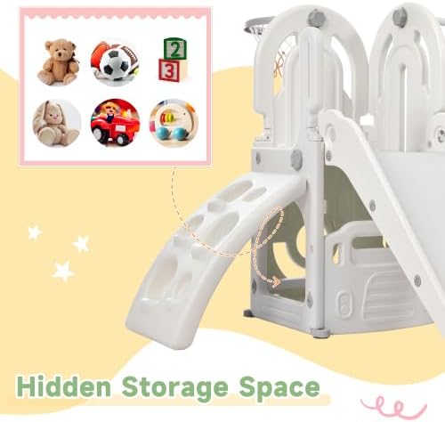 Toddler Climber and Slide Set 4 in 1, Kids Playground Climber Freestanding Slide Playset with Basketball Hoop Play Combination for Babies Indoor & Outdoor 3+ (Grey)