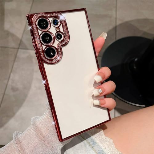 Coque Samsung S23 Ultra anti rayure avec cadre strass rose et protection objectif