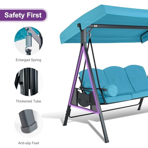 Image of PURPLE LEAF 3-Seat Outdoor Patio Porch Swing with Adjustable Tilt Canopy, Cushions and Pillow Included, Turquoise Blue