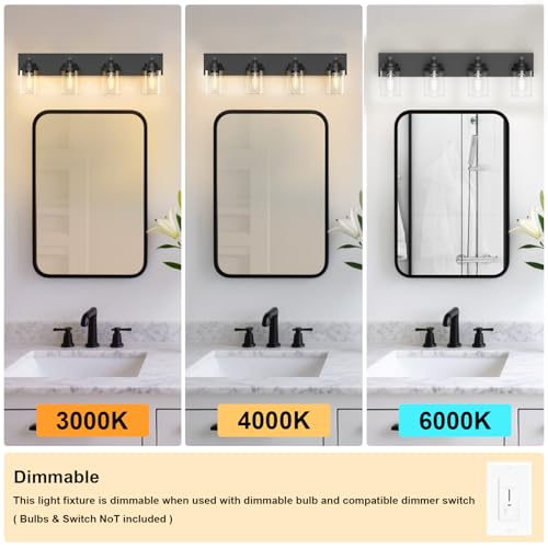 Image of IZORRO Bathroom Vanity Light Fixture, 4-Light 30 Inch Matte Black Bathroom Light Fixtures Over Mirror, with Clear Glass Shade, Modern Farmhouse Vanity Lights, Rustic Restroom Lighting Fixtures