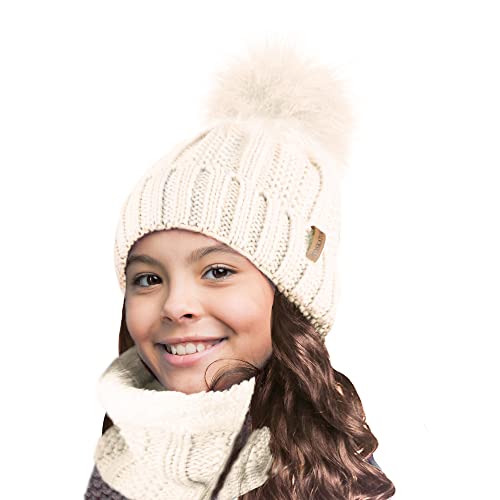 TOSKATOK enfants filles hiver côtes point de graine thermique chaud confortable polaire doublé cache-cou Snood écharpe avec chapeau ensemble-Taille unique-Ensemble Crème Cover