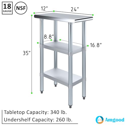 Image of AmGood Stainless Steel Work Table with 2 Shelves | NSF | Metal Utility Table (12 inch Long x 24 inch Deep)