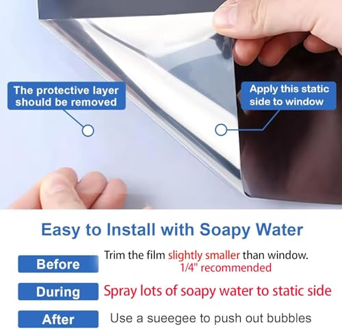 Image of One Way Window Privacy Film See Out Not in, Window Tint for Home, Reflective Mirror Glass Windows Coverings Sun Heat UV Blocking, Black-Silver, 29.5 Inch x 157.4 inch