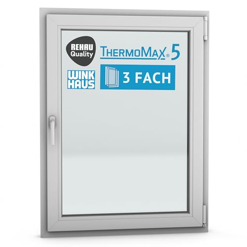 ThermoMax 5 Classic Kunststoff-Fenster, Uw-Wert 1,2, BxH: 90x120cm / 900x1200mm, DIN rechts (Griff links), mit 3-fach Wärme-Isolier-Verglasung, Winkhaus Sicherheitssystem & Rehau Profil