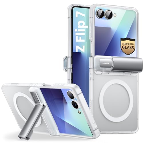 i-Blason for Samsung Galaxy Z Flip 7 Case with Stand [Tempered Glass Screen Protector] [Hinge Protection] [Support Wireless Charging] Slim Matte Protective Magnetic Phone Case for Z Flip 7, Clear
