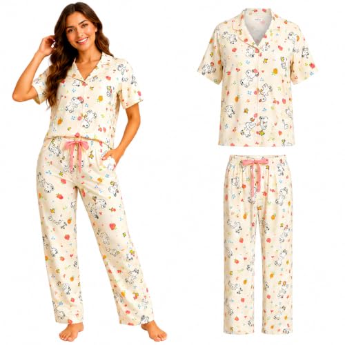 COCO BRANDS Peanuts Snoopy Womens Pajama Sets - 2 Piece Button Down Sleep Shirt and Pajama Bottoms Sleepwear Size X-Large Cream Stripes Fruits Snoopy