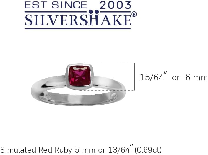 Silvershake 5MM Cushion Shape Birthstone Gemstone White Gold Plated or Yellow Gold Plated 925 Sterling Silver Stackable Bezel Set Solitaire Ring Jewelry for Women