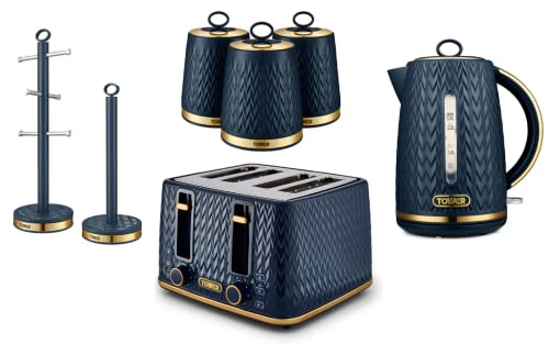 TOWER Empire Midnight Blue 1.7L 3KW Jug Kettle, 4 Slice Toaster, Set of 3 Tea, Coffee & Sugar Canisters, 6 Cup Mug Tree & Towel Pole. Stylish Art Deco Design Kitchen Set of 7 Items in Blue