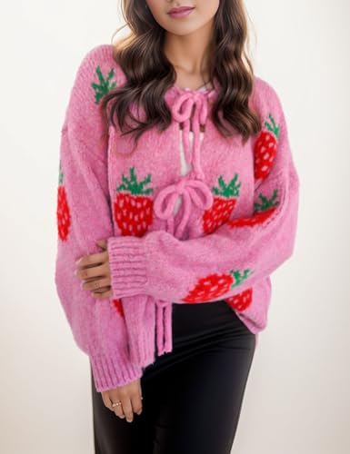 Image of FindThy Women's Tie Front Cardigan Sweater Cute Long Sleeve Crew Neck Bow Knot Knit Outwear