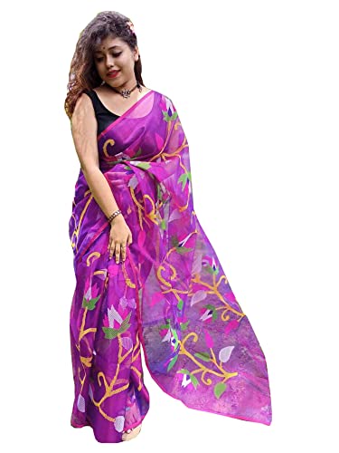 Sari jamdani matka muselina fresco para calor vestido indio cómodo púrpura de fiesta