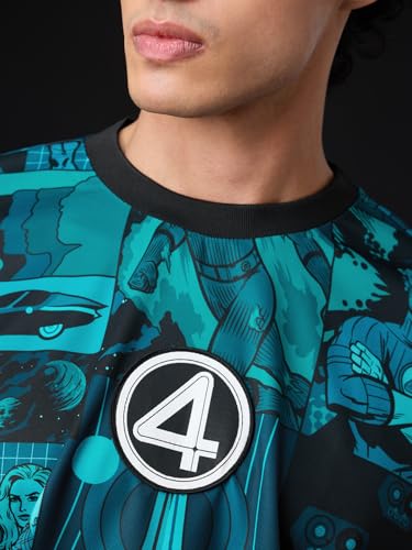 Image of The Souled Store Marvel: Team-Up Men and Boys Short Sleeves Round Neck Blue Graphic Printed Polyester Oversized Jersey