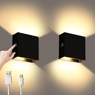 Lightess Battery Wall Lights Dimmable, 2Pcs Rechargeable Wall Light Touch Up Down Wireless Wall Lights, 5000 mAh USB Wall Lamp Sconce Black for Bedroom, Living Room, Bedside, Warm White