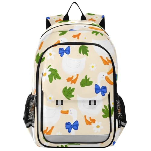 DOMIKING Cute Duck Flowers Beige Kids Backpack for Girls Boys School Backpack for Preschool Middle School Laptop Backpacks Bookbag for Travel Work Women Men