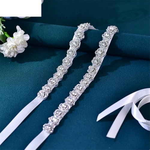 Womens Evening Dress Belt Bride Thin Belt Silver Rhinestones Flower Long Applique Bridesmaid Waist2