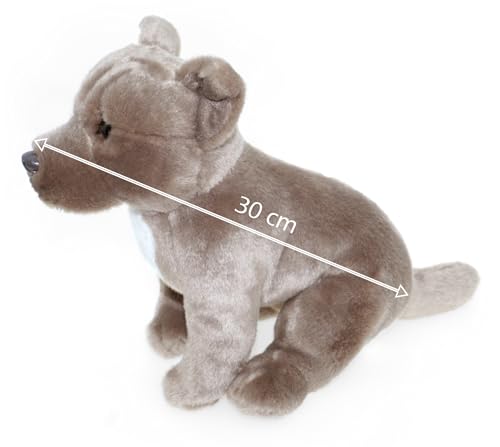 tachi Sitzender Plüschtier Hund, Kuscheltier Staffordshire Bull Terrier, grau beige Stofftier 30 cm
