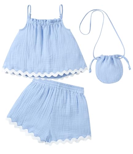 grehava Toddler Baby Girl Clothes 3 Piece Summer Outfit Tank Top Shorts Matching Bag Light Bule 4Y