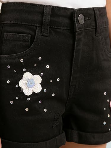 Image of KiddoPanti Girls Tight Length Rollup Denim Shorts with Lavender and Pink 3D Crochet Flowers