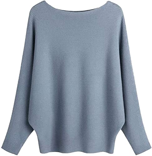 GXIN Femme Col Bateau Côtelé Décontracté Manches Chauve-Souris Pull Oversize Dolman Chandails Tricotés Casual Pulls Tops (Bleu Gris) Cover