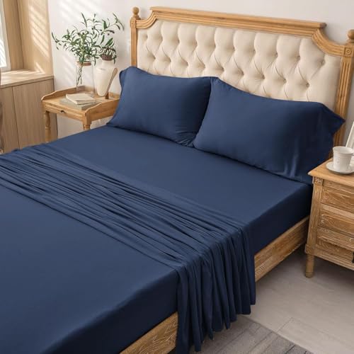 PURE ERA Jersey Knit 4pc Bed Sheet Set 100% T-Shirt Cotton Super Soft Comfy Breathable Fits Mattress Up to 20" Extra Deep Pocket (Solid Navy Blue, King)