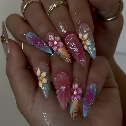 Auroriel 24 pièces ongles pressés faits à la main amande en rose, lilas et nude avec fleurs 3D, design tranches de fruits, motif étoiles, faux ongles...