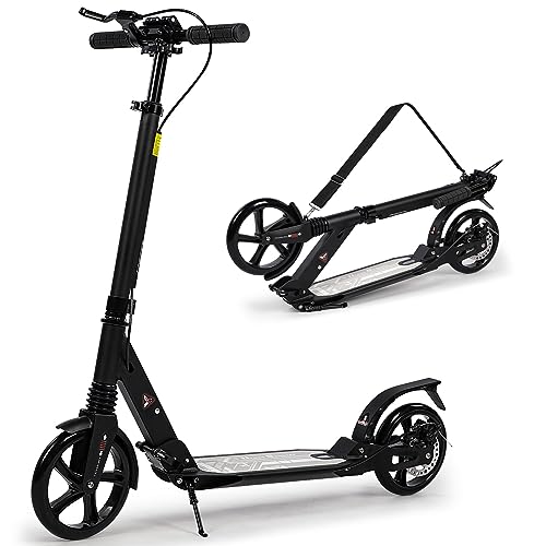 Kickscooter für Kinder ab 8–12 Jahren, 200 mm große Räder, Roller für Erwachsene mit Scheibenbremsen, Erwachsenenroller mit Tragegurt und doppelter Stoßdämpfung, Faltbarer Tretroller (Schwarz)