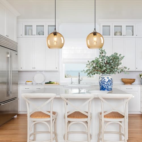 Image of Light Brown Glass Pendant Lights Kitchen Island Lighting Globe Pendant Light Fixtures Modern Pendant Lighting for Bedroom Living Dining Room Light Fixture (7.87 in, 3 Pack)