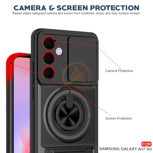 Image of Samsung Galaxy A37 5G Back Cover | Armor Camera Slider 360 Degree Rotating Finger Ring Holder Case with Bracket Stand Back Case Cover (Compatible with MagSafe Accessories) (Black)
