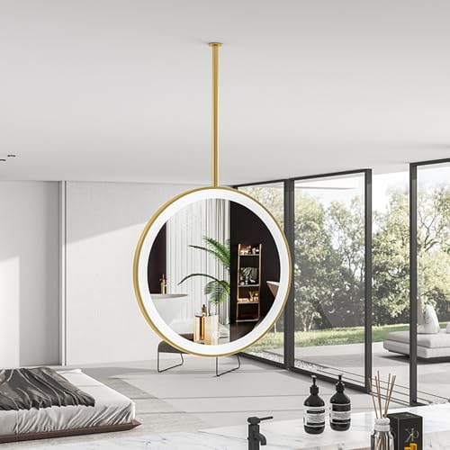 Espejo con marco de metal dorado LED redondo para colgar el techo ideal para la entrada de la sala del hogar espejo de tocador nórdico de pared 3 luces regulables de color(Diameter-50CM/19.7INCH)