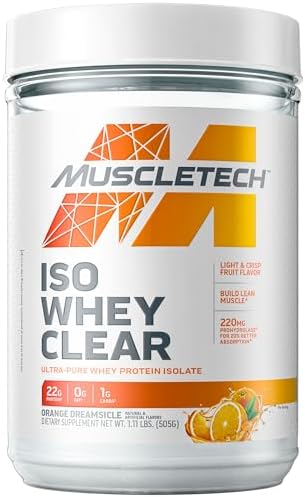 MuscleTech Clear Whey Protein Isolate | Whey Isolate Protein Powder for Women & Men | Clear Protein Drink | 22g of Protein, 90 Calories | Orange Dreamsicle, 1.1lb (19 Servings)