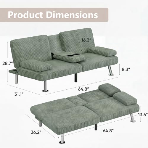 Image of Flamaker Futon Sofa Bed, Modern Corduroy Convertible Folding Futon Set