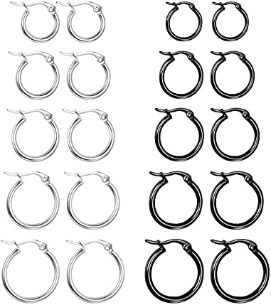 Senteria 10 Pairs Small Hoop Earrings for Women Stainless Steel 14K Gold Silver Black Plated Hypoallergenic Hoop Earrings Huggie Endless Hoop Earrings Set for Men 8/10/12/14/16mm