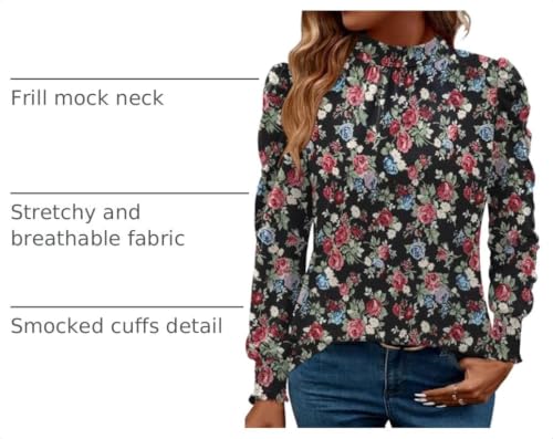 Image of LUYAA Puff Long Sleeve Shirts for Women Tops Dressy Casual Frill Mock Neck Smocked Cuffs Blouses