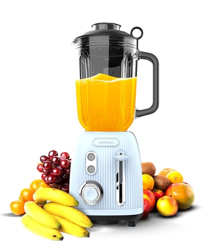 Cecotec Batidora de Vaso Power Black Titanium RetroBlue. 1200W, jarra de 1.5L, 2 velocidades, función Pulse, cuchillas de titanio, motor copper, diseño retro y eficiente.