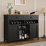 Vividwood Modern Black Buffet Sideboard with Wine Rack & Storage Cabinets – Multifunctional Kitchen Living Room Server for Coffee Bar or Home Bar Organizer, Wood Countertop, 2 Drawers